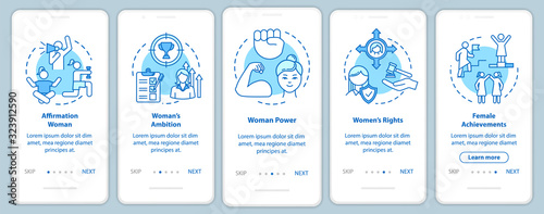 Women power onboarding mobile app page screen with concepts. Sexual equality, feminism movement walkthrough 5 steps graphic instructions. UI vector template with RGB color illustrations