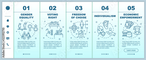 Gender equality onboarding vector template. Voting right, economic empowerment, freedom of choice. Responsive mobile website with icons. Webpage walkthrough step screens. RGB color concept