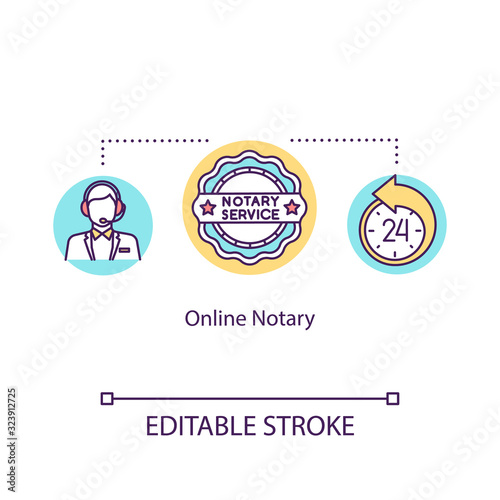 Online notary concept icon. Internet legal services. Advocate assistance. Contact adviser. Common law idea thin line illustration. Vector isolated outline RGB color drawing. Editable stroke