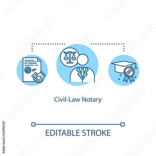 Civil-law notary concept icon. Official certificate. Barrister help. Advocate support. Notary service idea thin line illustration. Vector isolated outline RGB color drawing. Editable stroke