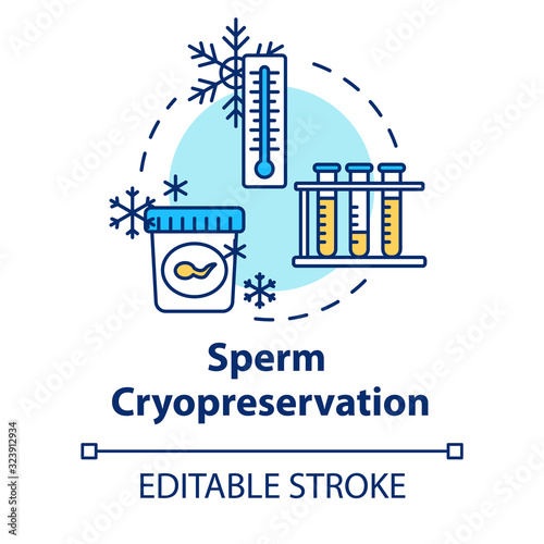 Sperm cryopreservation concept icon. Semen banking. Male donation. Biotech. Reproductive technology idea thin line illustration. Vector isolated outline RGB color drawing. Editable stroke