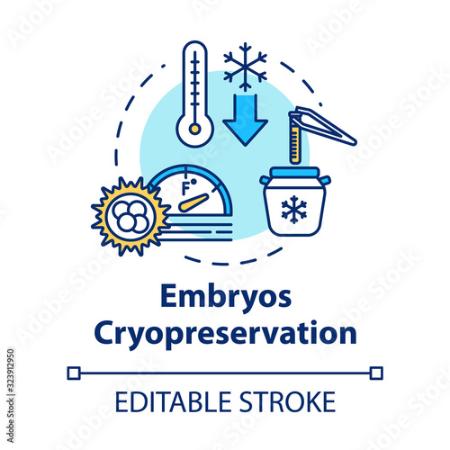 Embryos cryopreservation concept icon. Female ovarian egg donation. Infertility treatment. Reproductive tech idea thin line illustration. Vector isolated outline RGB color drawing. Editable stroke
