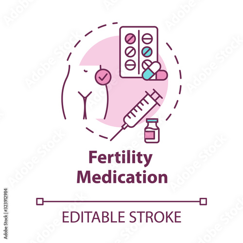 Fertility medication concept icon. Gynecology treatment. Pills and drugs. Reproductive technology idea thin line illustration. Vector isolated outline RGB color drawing. Editable stroke