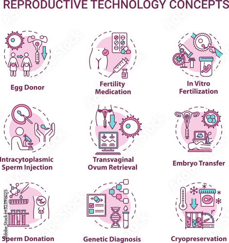 Reproductive technology concept icons set. In vitro fertilization. Egg, sperm donation. Alternative pregnancy idea thin line RGB color illustrations. Vector isolated outline drawings. Editable stroke