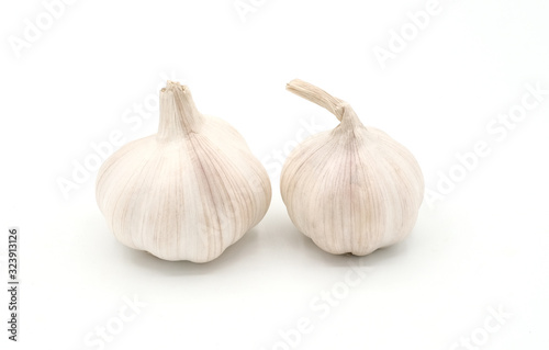 Closeup raw garlic isolated on white background, Fresh garlic detail texture