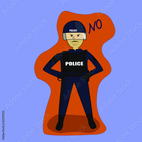 policeman in body armor and helmet behind a shield, brandishing a baton
