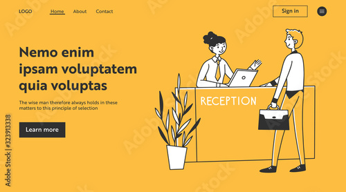 Hotel guest consulting woman at reception. Receptionist, businessman, lobby flat vector illustration. Registration, tourism, business concept for banner, website design or landing web page