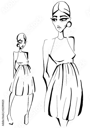 Fashion sketch of fashion design art in a dress with a short skirt. Fashion model hand drawn black ink lines pose isolated clothing. Drawing line fashionable black ink art
