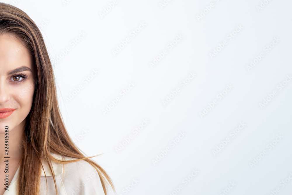 Beautiful caucasian woman's portrait half face on white background, skincare beauty treatment concept, copy space. Beautiful caucasian woman's portrait half face on white background, skincare beauty treatment concept, copy space.