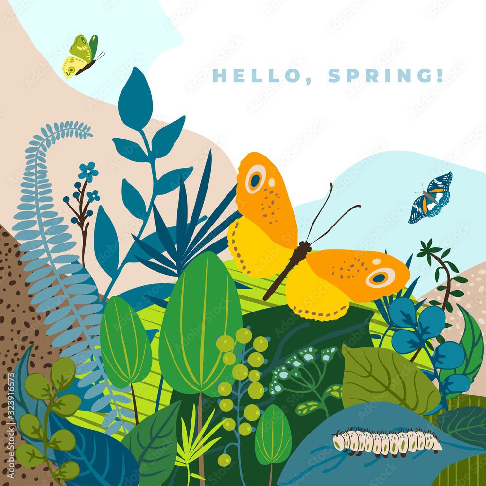 © MySunShine - Beautiful floral background, text Hello Spring. Green leaves, colorful flowers, caterpillar and butterflies. Bright cute summer card for invitation, wedding, birthday, holiday. Vector illustration. © MySunShine - Beautiful floral background, text Hello Spring. Green leaves, colorful flowers, caterpillar and butterflies. Bright cute summer card for invitation, wedding, birthday, holiday. Vector illustration.