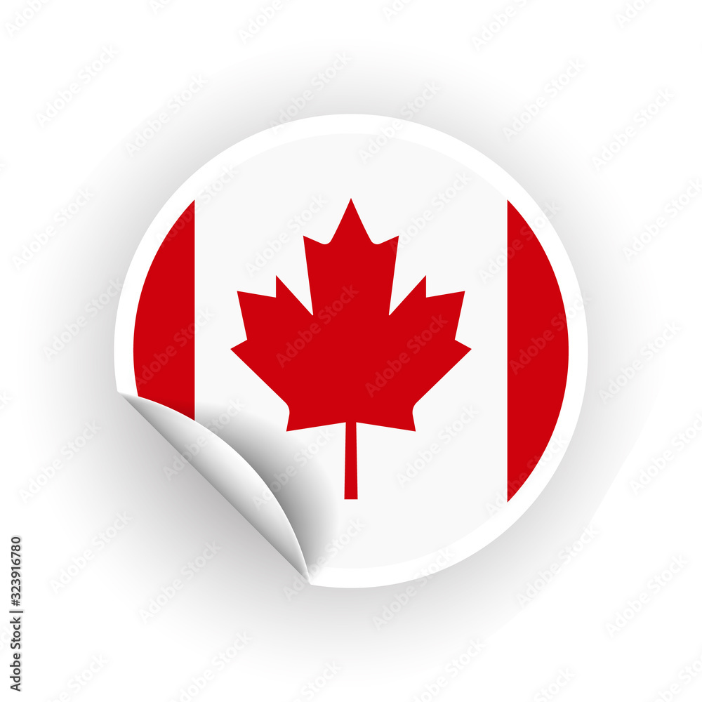 Sticker of Canada flag with peel off corner isolated on white background. Paper banner or circle curl label sticker with flip edge. Vector color post note for advertising design