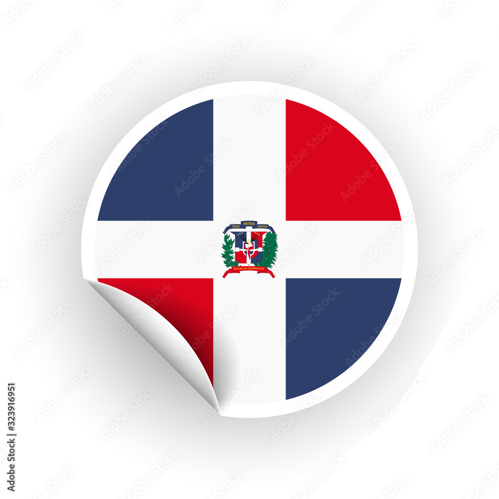 Sticker of Dominican Republic flag with peel off corner isolated on white background. Paper banner or circle curl label sticker with flip edge. Vector color post note for advertising design Sticker of Dominican Republic flag with peel off corner isolated on white background. Paper banner or circle curl label sticker with flip edge. Vector color post note for advertising design