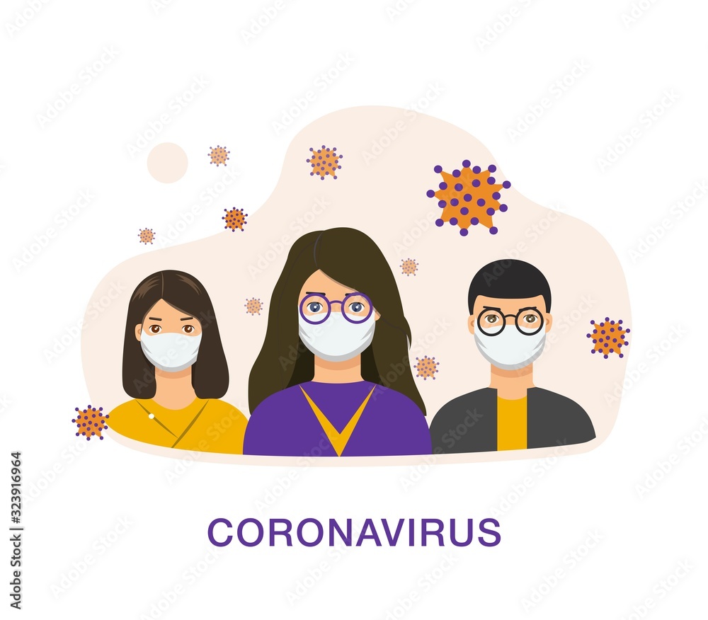 Vector illustration with people in masks and coronavirus inscription. Vector illustration with people in masks and coronavirus inscription.