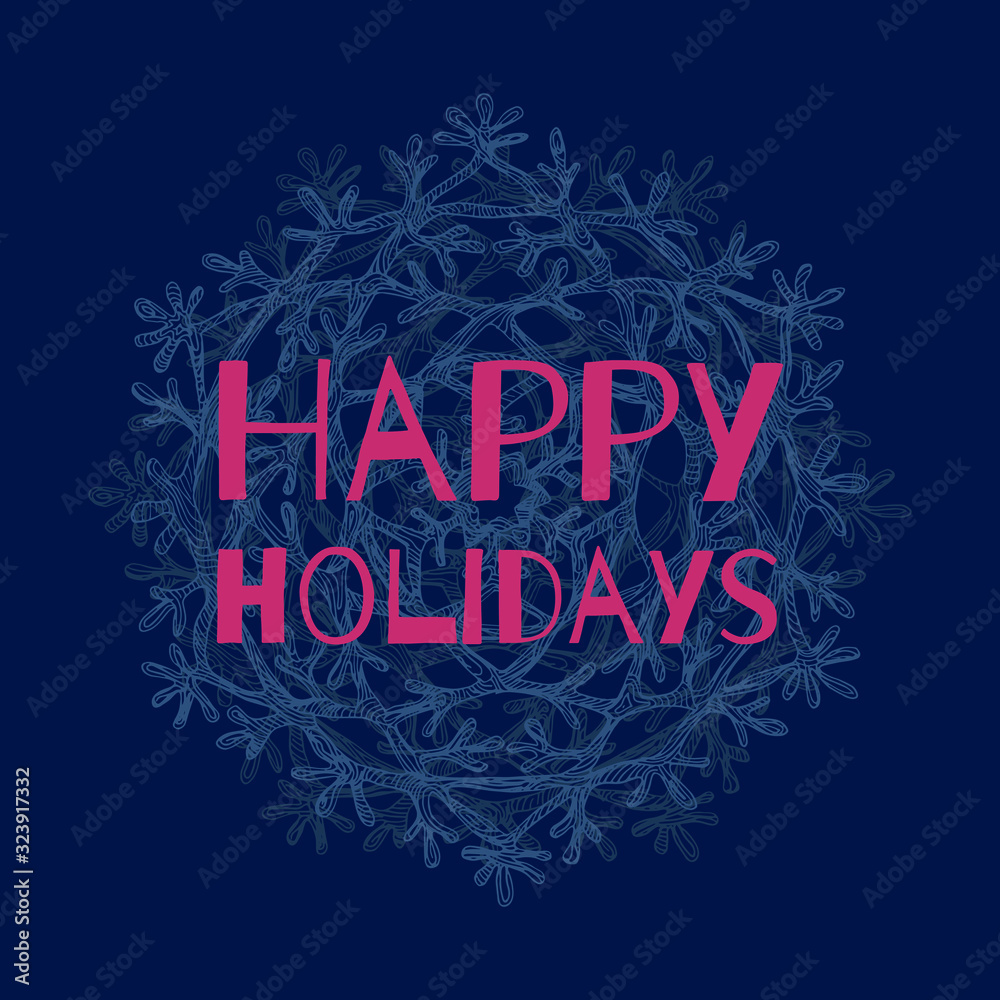 Christmas card, snowflake with lettering. Illustration of blue and red wings with the words “Christmas is here”. Christmas card, snowflake with lettering. Illustration of blue and red wings with the words “Christmas is here”.