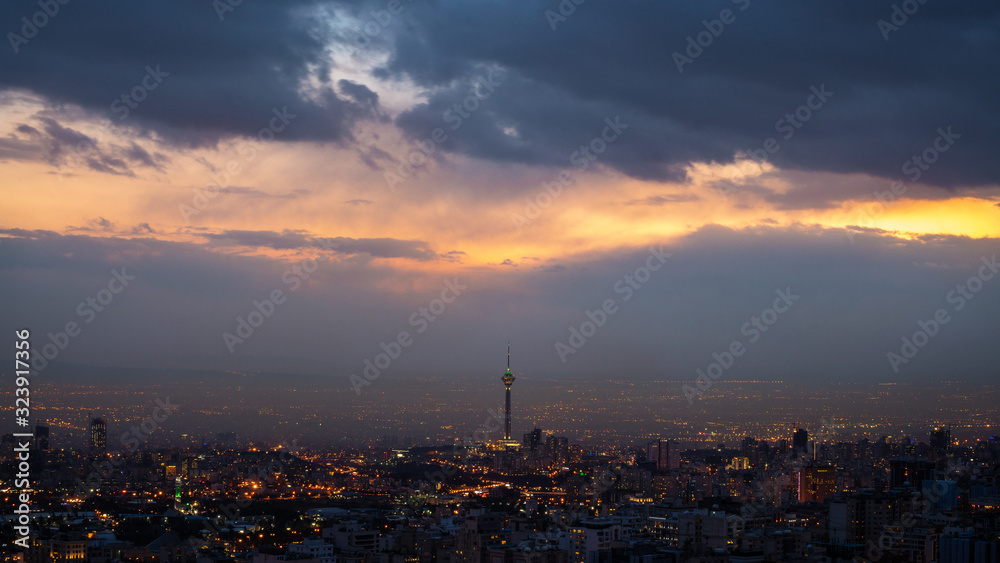 A View of Tehran after sunset from northern Heights.