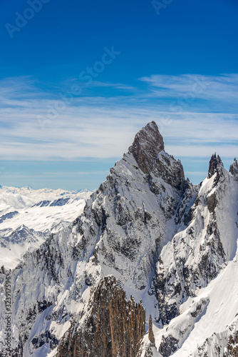 Jagged mountain peak in the Mont Blanc Massif in the Alps mountains between Italy and France