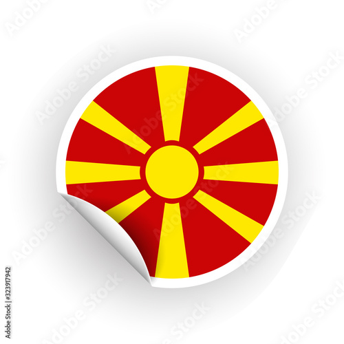 Sticker of Macedonia flag with peel off corner isolated on white background. Paper banner or circle curl label sticker with flip edge. Vector color post note for advertising design