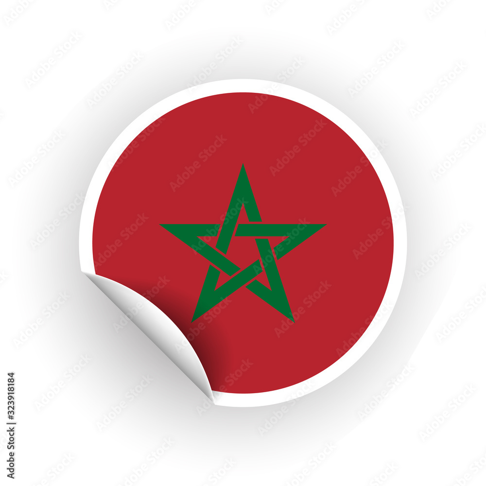 Sticker of Morocco flag with peel off corner isolated on white background. Paper banner or circle curl label sticker with flip edge. Vector color post note for advertising design Sticker of Morocco flag with peel off corner isolated on white background. Paper banner or circle curl label sticker with flip edge. Vector color post note for advertising design
