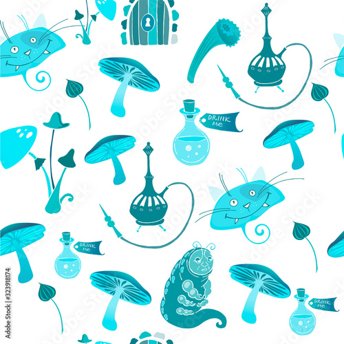 Alice in Wonderland pattern with caterpillar, magic drink, tiny door, Cheshire cat and mushrooms. Vector illustration.