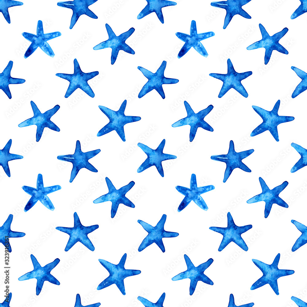 Obraz premium Seamless pattern with blue starfish. Watercolor work.