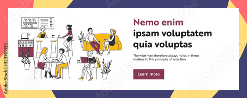 Customers drinking coffee and meeting in cafe. Coffee shop, laptop, barista job flat vector illustration. Morning, free Wi-Fi, communication concept for banner, website design or landing web page