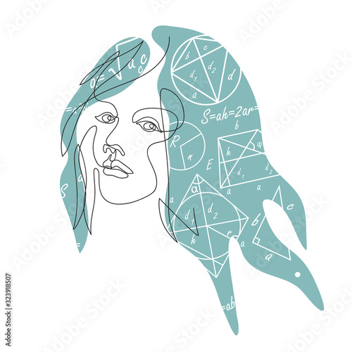Mathematical formulas and geometric figures in a female head. Educational concept.