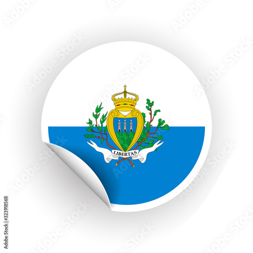 Sticker of San Marino flag with peel off corner isolated on white background. Paper banner or circle curl label sticker with flip edge. Vector color post note for advertising design