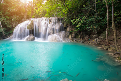 Waterfall in Tropical forest at Erawan waterfall National Park, Thailand 