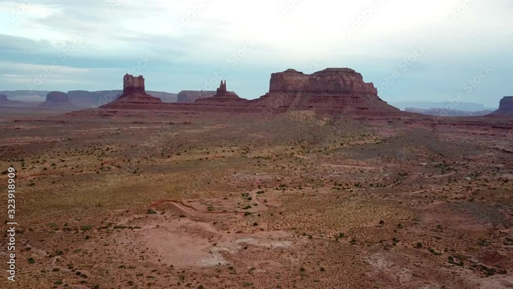 Panoramic Aerial View of Majestic Monument Valley Park, Dry Desert Landscape on Arizona Utah Borderline USA Panoramic Aerial View of Majestic Monument Valley Park, Dry Desert Landscape on Arizona Utah Borderline USA
