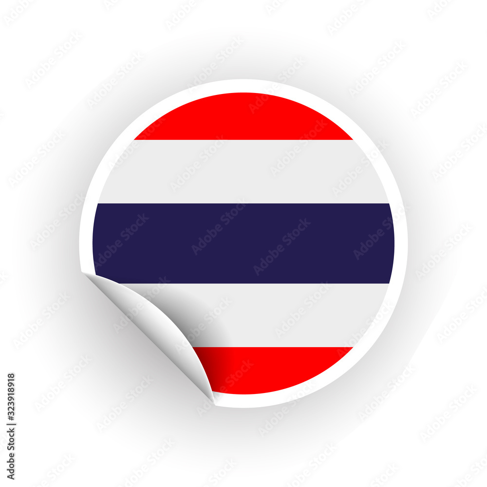 Sticker of Thailand flag with peel off corner isolated on white background. Paper banner or circle curl label sticker with flip edge. Vector color post note for advertising design Sticker of Thailand flag with peel off corner isolated on white background. Paper banner or circle curl label sticker with flip edge. Vector color post note for advertising design