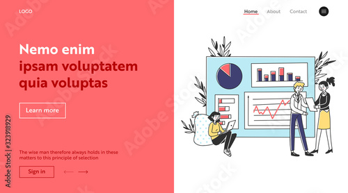 Workgroup preparing reports for presentation. Managers analyzing graphs, charts flat vector illustration. Business, marketing, analysis concept for banner, website design or landing web page