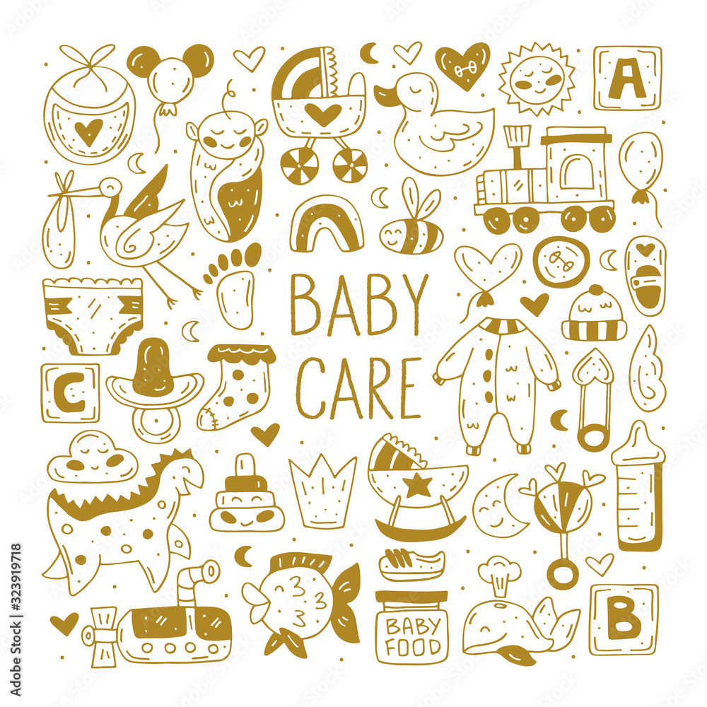 Baby care cute hand drawn doodle vector clip art, stickers, icons, set of design elements. Golden monochrome design. Isolated on white background. Easy to change color. Decorative elements. Nursery. 