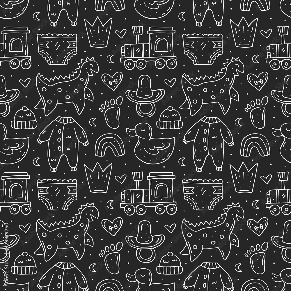 Baby care stuff, clothes, toys cartoon cute hand drawn doodle vector seamless pattern, texture, backdrop. Funny chalk drawings. Isolated on dark background. Kids decorative design elements. Kinder. 