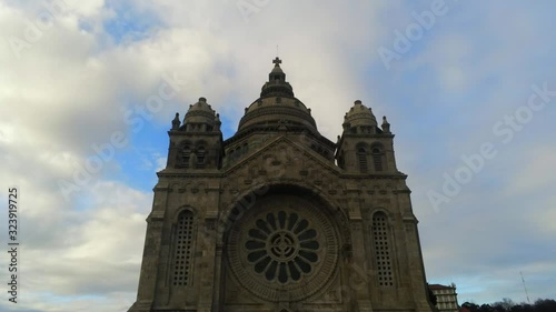 Aerial, rising, drone shot tilting towards the Basílica de Santa Luzia, in Viana do Castelo, Minho, North Portugal