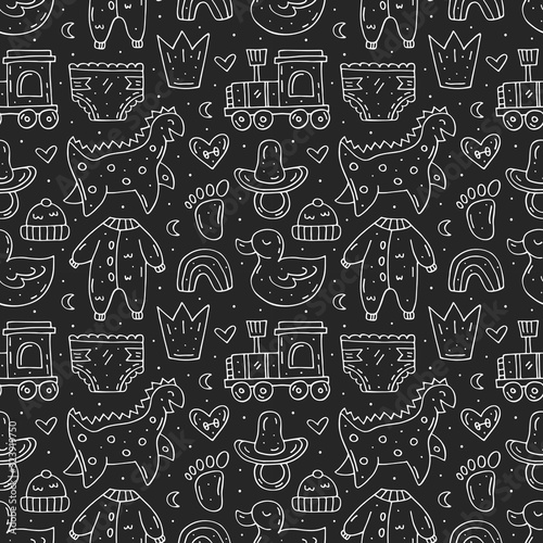 Baby care stuff  clothes  toys cartoon cute hand drawn doodle vector seamless pattern  texture  backdrop. Funny chalk drawings. Isolated on dark background. Kids decorative design elements. Kinder. 