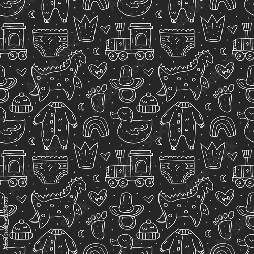 Baby care stuff, clothes, toys cartoon cute hand drawn doodle vector seamless pattern, texture, backdrop. Funny chalk drawings. Isolated on dark background. Kids decorative design elements. Kinder. 