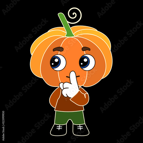 emoji with pumpkin man character shushing  to politely tell people to shut up and be quiet to keep silence, man using finger on mouth gesture to stop ppl talking, simple hand drawn vector emoticon vec