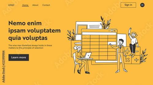 Students ready to answer in class. Teacher using laptop during math lesson flat vector illustration. Teaching, school, education concept for banner, website design or landing web page