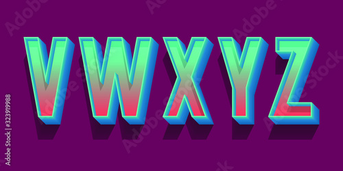V, W, X, Y, Z volumetric blue red letters. Urban 3d retro font.