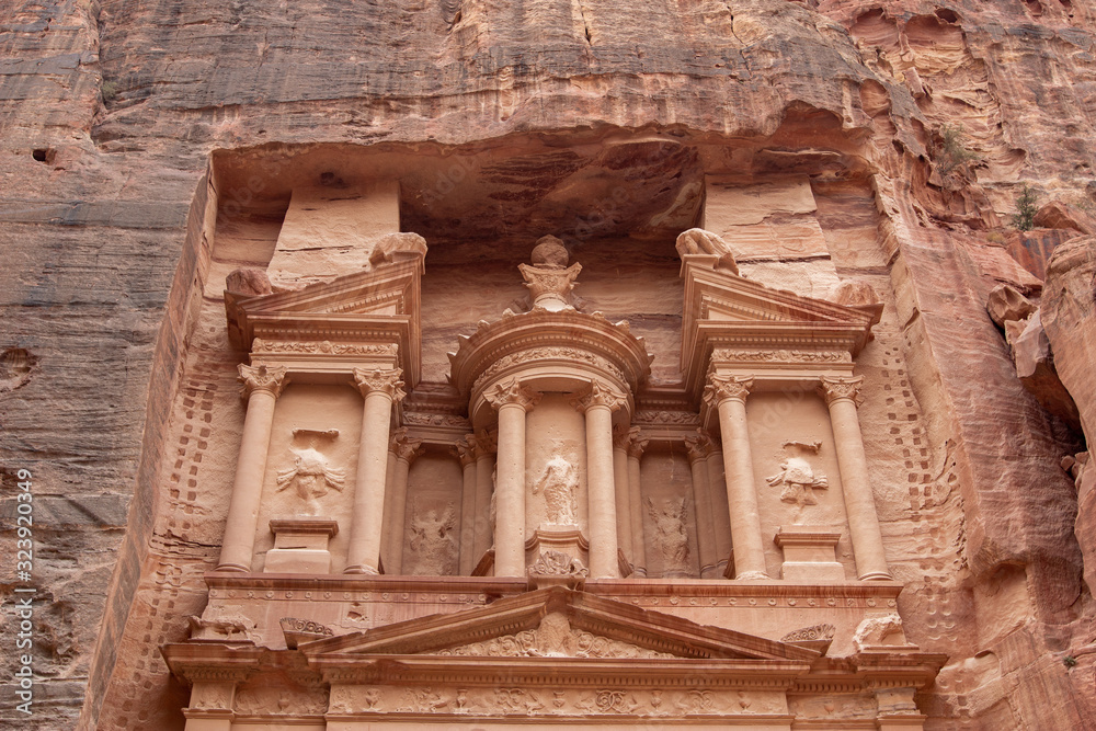 Iconic rock-cut façade of the Treasury monument in Petra, Jordan