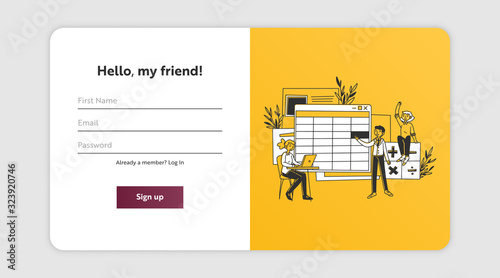 Sign up page with students in class. Teacher using laptop during lesson flat vector illustration. Teaching, school, education concept for banner, website design or landing web page