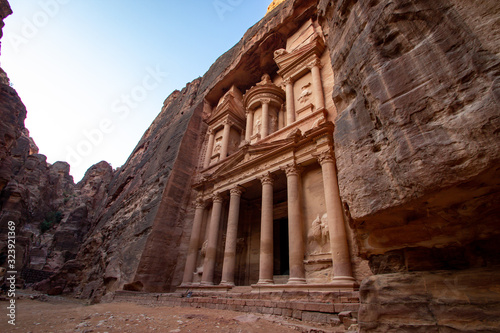 Iconic monument The Treasury at sunrise in Petra, Jordan