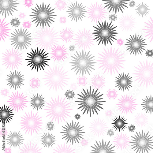Floral seamless pattern. Feminine print with repeating daisies. Pink, gray, black, white background. Illustration.