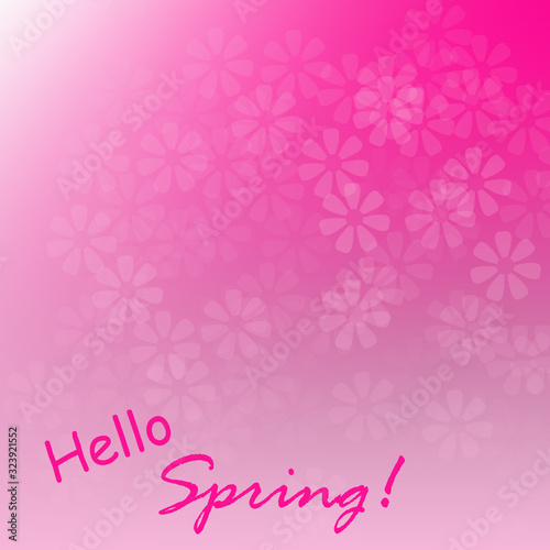 It's spring time! Spring greetings on pink background with blurred white flowers. Illustration.