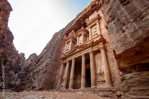The Treasury Al Khazneh monument carved in sandstone, Petra Jordan
