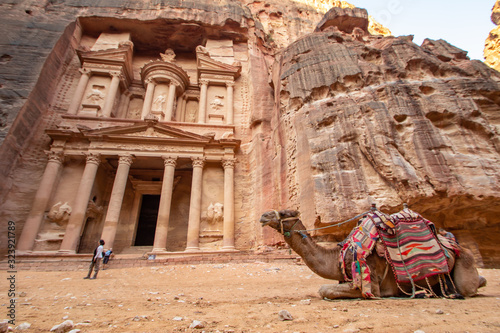 Camels in the doorway of the Treasury at Petra, Jordan