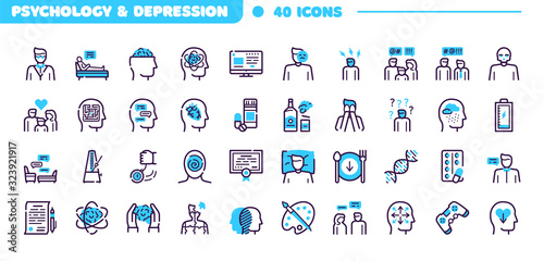 Depression symptoms blue linear vector icons set