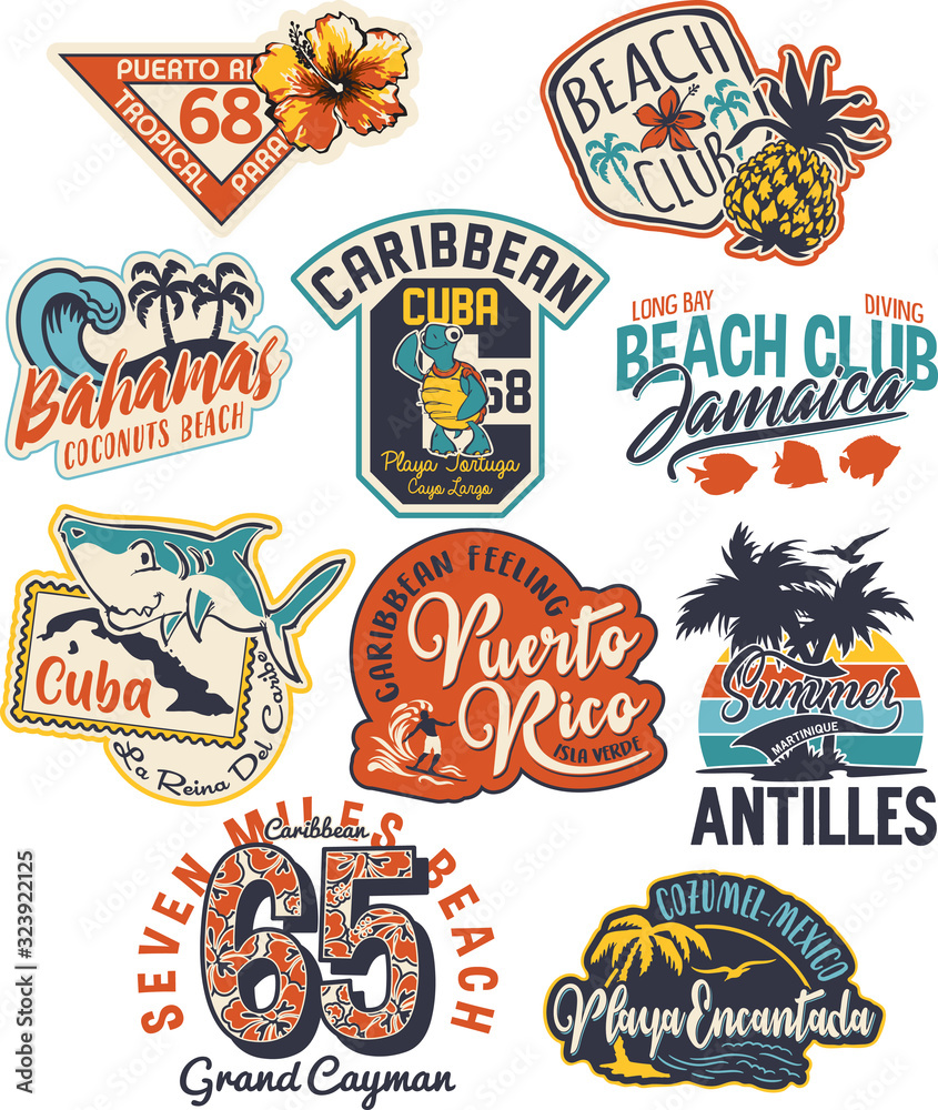 Cute Caribbean islands graphic labels vector collection for children wear
