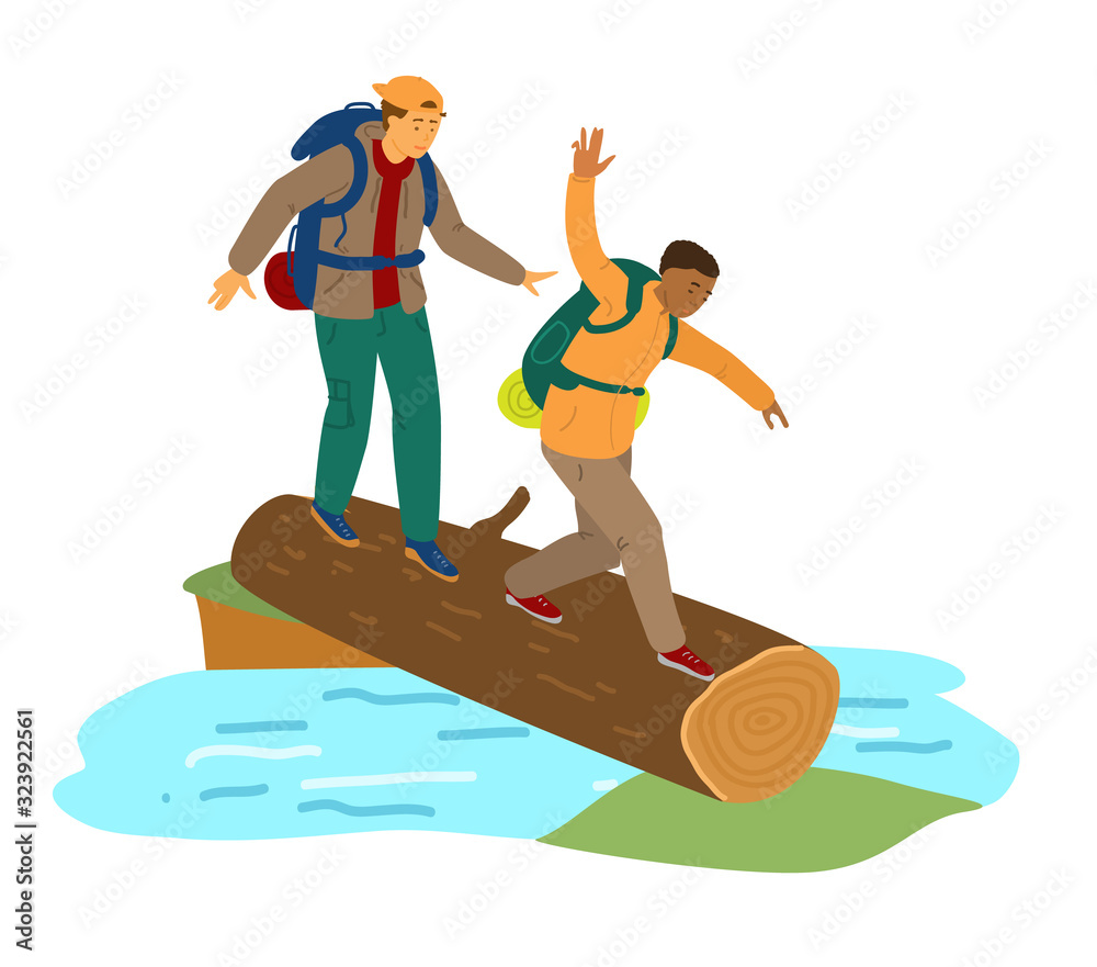 Two different races men with backpacks and tourist mats in hike crossing the river by big log. Activity outdoors.