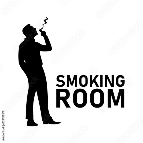 Smoking room or area sign. Male smoker standing with smoke shadow. Man smoking a cigarette black and white silhouette. Business man smoking a cigar. Smoking addiction medical poster - Simple concept.